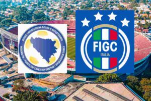 I loghi di Bosnia ed Italia con uno stadio di calcio sullo sfondo.