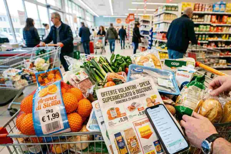 Spesa al supermercato e discount: offerte volantini domenica 29 marzo 2026. Carrello pieno con frutta, verdura e sottocosto.