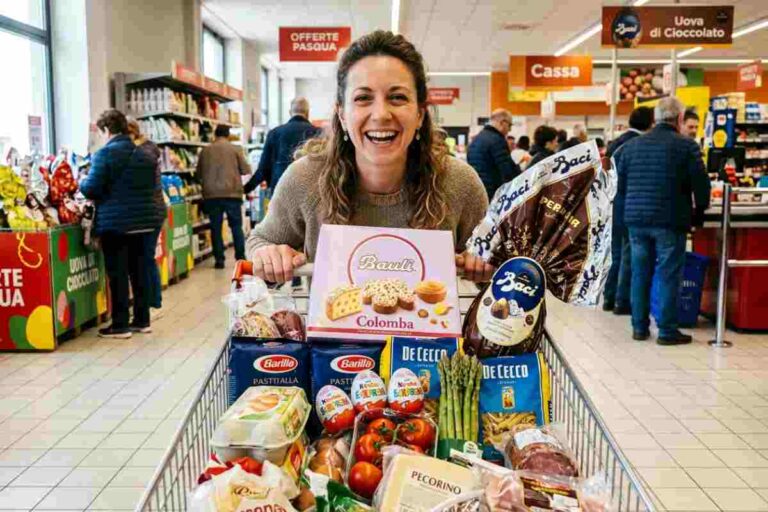 Donna sorridente con carrello pieno per la spesa di Pasqua 2026 tra le corsie del supermercato con uova di cioccolato e colombe.