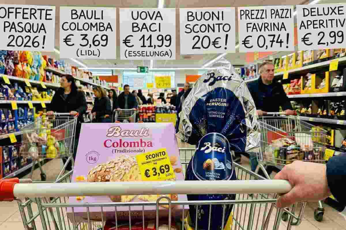 Spesa di Pasqua 2026: carrello con uova Baci Perugina e colomba Bauli in offerta volantino Esselunga e Lidl.
