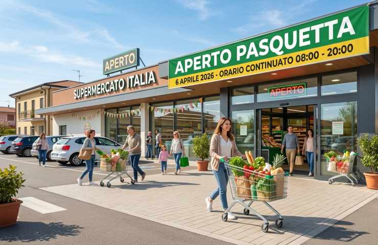 Supermercato aperto a Pasquetta, 6 aprile 2026: clienti con carrelli pieni all'ingresso.