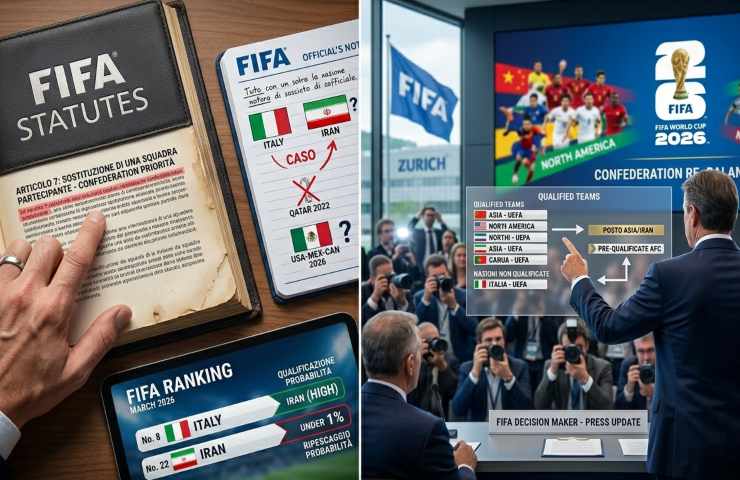 Immagine autorevole scattata a Zurigo durante una conferenza stampa della FIFA, che mostra un ufficiale mentre illustra il Regolamento FIFA (Articolo 7) per il ripescaggio ai Mondiali 2026, evidenziando la priorità alla Confederazione Asiatica nel 'Caso Iran' rispetto all'Italia.