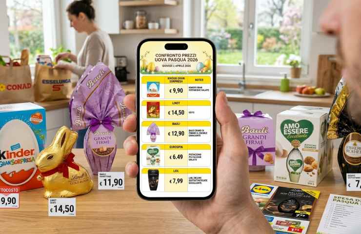 Smartphone con tabella confronto prezzi uova Pasqua 2026 Kinder Lindt Lidl Eurospin.