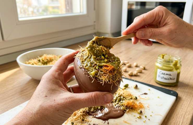 Uovo di Pasqua al cioccolato di Dubai confezionato in mano in un supermercato.
