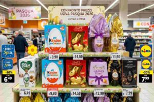Confronto prezzi uova Pasqua 2026 Kinder Lindt Bauli Lidl Eurospin, uova di cioccolato esposte in un supermercato.