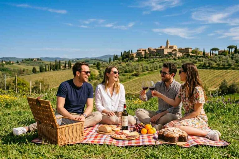 Picnic di Pasquetta 2026 sotto il sole in Toscana: gruppo di amici festeggia all'aperto con cibo tipico e clima primaverile caldo.