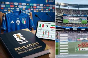 Grafica esplicativa sul Regolamento FIFA per i Mondiali 2026 riguardo al possibile ripescaggio dell'Italia e la situazione dell'Iran.