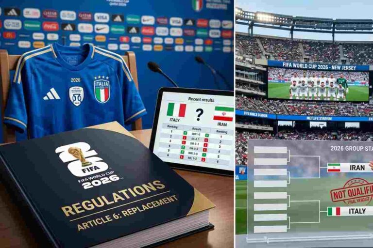 Grafica esplicativa sul Regolamento FIFA per i Mondiali 2026 riguardo al possibile ripescaggio dell'Italia e la situazione dell'Iran.
