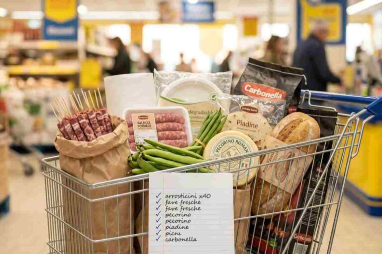 Carrello della spesa organizzato per Pasquetta con lista della spesa, arrosticini, fave, pecorino e carbonella in un supermercato economico.