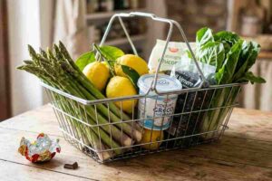 Cestino spesa post Pasqua con asparagi freschi, limoni e yogurt greco per dieta sgonfiante naturale.