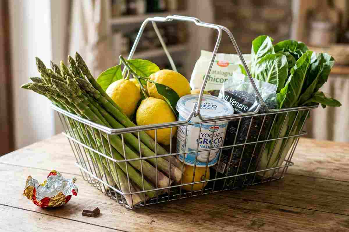 Cestino spesa post Pasqua con asparagi freschi, limoni e yogurt greco per dieta sgonfiante naturale.