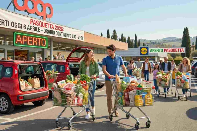 Supermercato aperto Pasquetta 2026: clienti caricano spesa in auto, banner COOP e LIDL visibili.