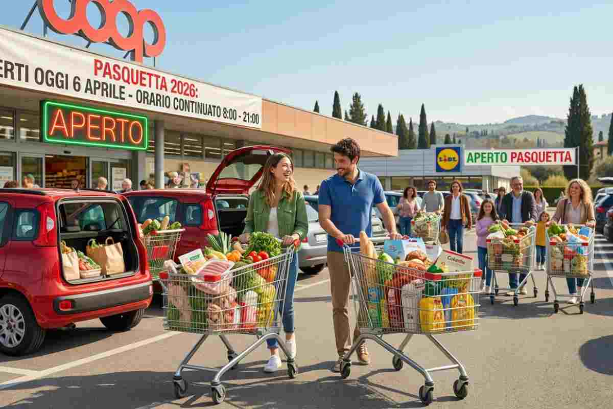 Supermercato aperto Pasquetta 2026: clienti caricano spesa in auto, banner COOP e LIDL visibili.