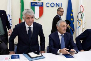 Andrea Abodi e Gabriele Gravina ad una conferenza stampa congiunta FIGC CONI.